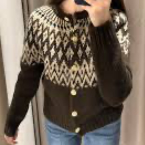 Zara Brown Fair Isle Jacquard Knit Cardigan Sweater Small Gold Buttons Alpaca - Picture 12 of 13